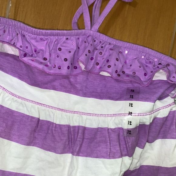 •JUSTICE•NWT purple/white sequin Ruffle striped halter style tank top in size 12 - Picture 3 of 5